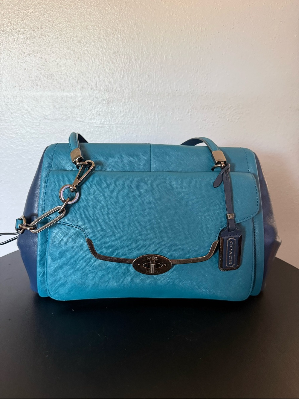Coach Teal and Navy Leather Satchel with Turnlock Detail